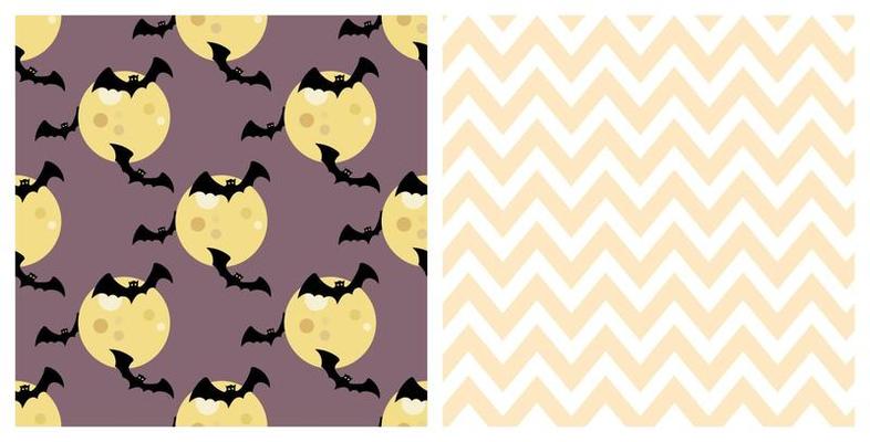Set of seamless patterns of Halloween spooky bats, flying around the moon, and chevron lines. Background for Halloween celebration, textiles, wallpapers, wrapping paper, scrapbooking.