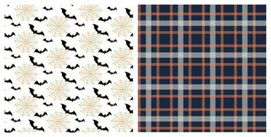 conjunto de patrones sin fisuras de murciélagos espeluznantes de halloween, volando alrededor de telarañas y tela escocesa de otoño. fondo para la celebración de halloween, textiles, papeles pintados, papel de envolver, scrapbooking. vector