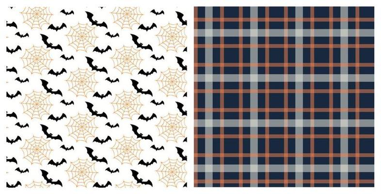 Set of seamless patterns of Halloween spooky bats, flying around spider webs, and Autumn plaid. Background for Halloween celebration, textiles, wallpapers, wrapping paper, scrapbooking.