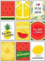 Set of colorful summer poster with pineapple, watermelon, lemon, palm leaves and hand written text vector