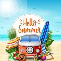 Hello summer banner background with a camper van, birds, and beach elements vector