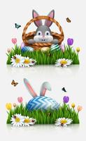 Cute rabbit cartoon with a basket and bunny ears in the grass vector