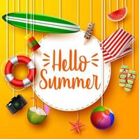 Hello Summer. View of surfboard, lifebuoy, camera, mat, ball, and round paper hanging on orange background vector