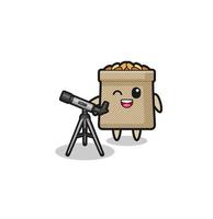wheat sack astronomer mascot with a modern telescope vector