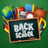 Back to School with school supplies on chalkboard background vector