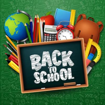 Back to School with school supplies on chalkboard background