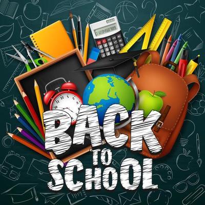 Back to School with school supplies on chalkboard background