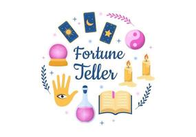 Fortune Teller Template Hand Drawn Cartoon Flat Illustration with Crystal Ball, Magic Book or Cards for Predicts Fate and Telling the Future Concept vector