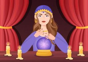 Fortune Teller Template Hand Drawn Cartoon Flat Illustration with Crystal Ball, Magic Book or Cards for Predicts Fate and Telling the Future Concept vector