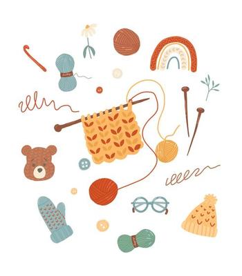Knitting clipart. A set of tools for knitting and woolen yarn. Handmade crafts and needlework design elements. Knitted warm clothes. Vector flat illustration, isolated, cartoon,