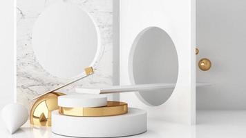 minimale szene mit podium und abstraktem hintergrund. gold- und pastellfarbene szene. trendy für social-media-banner, werbung, kosmetikproduktshow. geometrische formen innen 3d-animationsschleife video