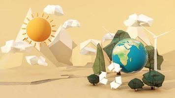 Clean energy concept on World Environment Day or International Day of Forests concept wooden cartoon hands holding tree and earth globe with windmill on pastel background. 3d rendering animation