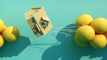 3d rendering, yellow balloon flying out and going through the open door, objects isolated on bright yellow background and blue door. Abstract metaphor, modern minimal concept. animation looped video
