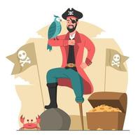 capitán pirata con cofre del tesoro vector