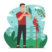 hombre con mascotas de aves exóticas vector