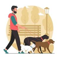 paseador de perros con varios perros en el parque vector