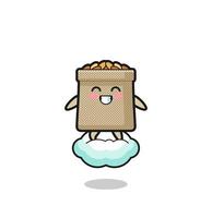 cute wheat sack illustration riding a floating cloud vector
