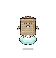 cute wheat sack illustration riding a floating cloud vector