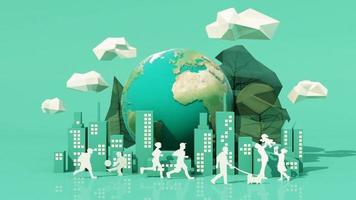 innovative Poster Or Banner Of World Environment Day with low poly tree and cloud and building city park on the floor and paper people with globe earth on green background 3d rendering animation loop video