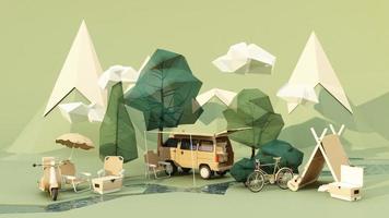 låg poly tecknad serie del mobil hem och tält i de nationell parkera, där är cyklar, is hinkar, gitarrer och stolar, och träd med moln och bergen i de bakgrund. grön pastell 3d framställa video