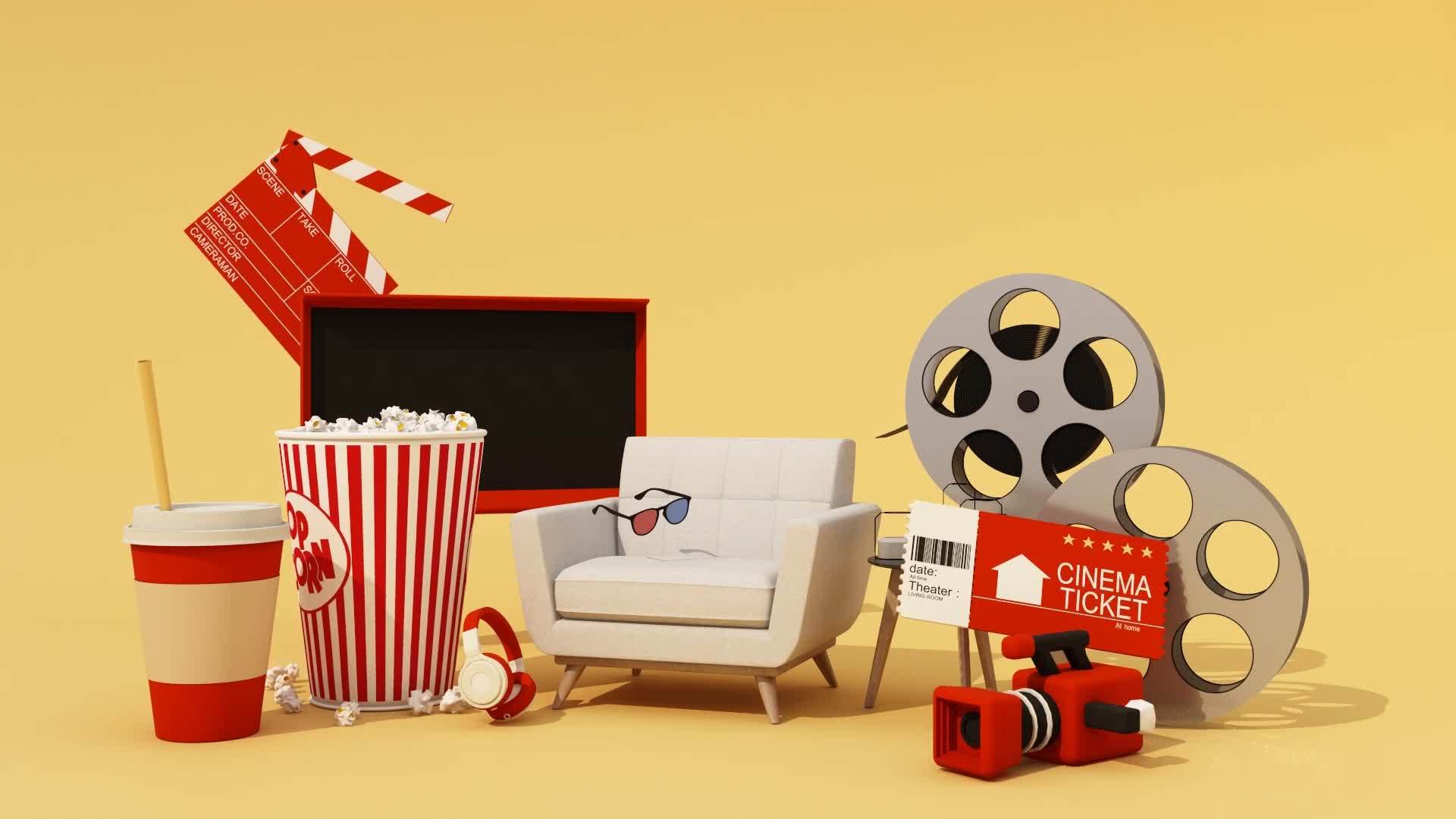 The concept of watching movies online at home with tablet and screen Surrounded by movie equipment, movie tickets, film reels, movie cameras Popcorn, drinks with armchair. 3d rendering animation loop 12069567 Stock The concept of watching movies online at home with tablet and screen Surrounded by movie equipment, movie tickets, film reels, movie cameras Popcorn, drinks with armchair. 3d rendering animation loop 12069567 Stock
