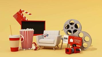 el concepto de ver películas en línea en casa con tableta y pantalla rodeada de equipos de cine, entradas de cine, rollos de película, palomitas de maíz para cámaras de cine, bebidas con sillón. Bucle de animación de renderizado 3d video