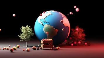 Globe with tree and fruit and coronavirus in warning concept 3d rendering video