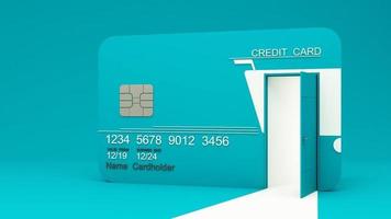 close-up de compras on-line design no cartão de crédito, levitando modelo maquete cartão de crédito do banco com serviço online isolado em fundo amarelo, tela do smartphone, moeda digital, carteira, renderização em 3d video