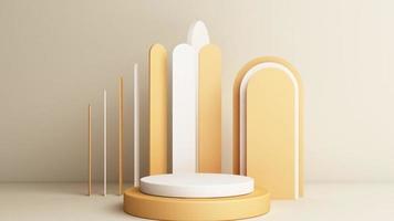 Minimal scene with podium and abstract background. Gold and pastel color scene. Trendy for social media banners, promotion, cosmetic product show. Geometric shapes interior 3d animation loop video