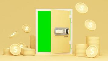 financial concept and money saving, Monthly expenses and spending planning on notepad, calendar and pencil. with Bundle of money, banknote and gold coins on yellow background. realistic 3d render video