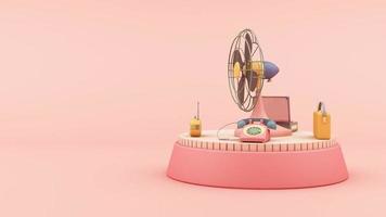 vieux ventilateur de couleur rose et vieux trucs écrivain radio scooter vélo dans un ton pastel coloré boucle d'animation 3d video