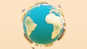 weltweites frachtcontainer-transportkonzept in gelber tonfarbe mit lkw- und van-flugzeug auf der globus-3d-animationsschleife video