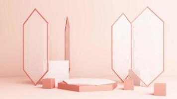 Minimal scene with podium and abstract background. Gold and pastel color scene. Trendy for social media banners, promotion, cosmetic product show. Geometric shapes interior 3d animation loop video