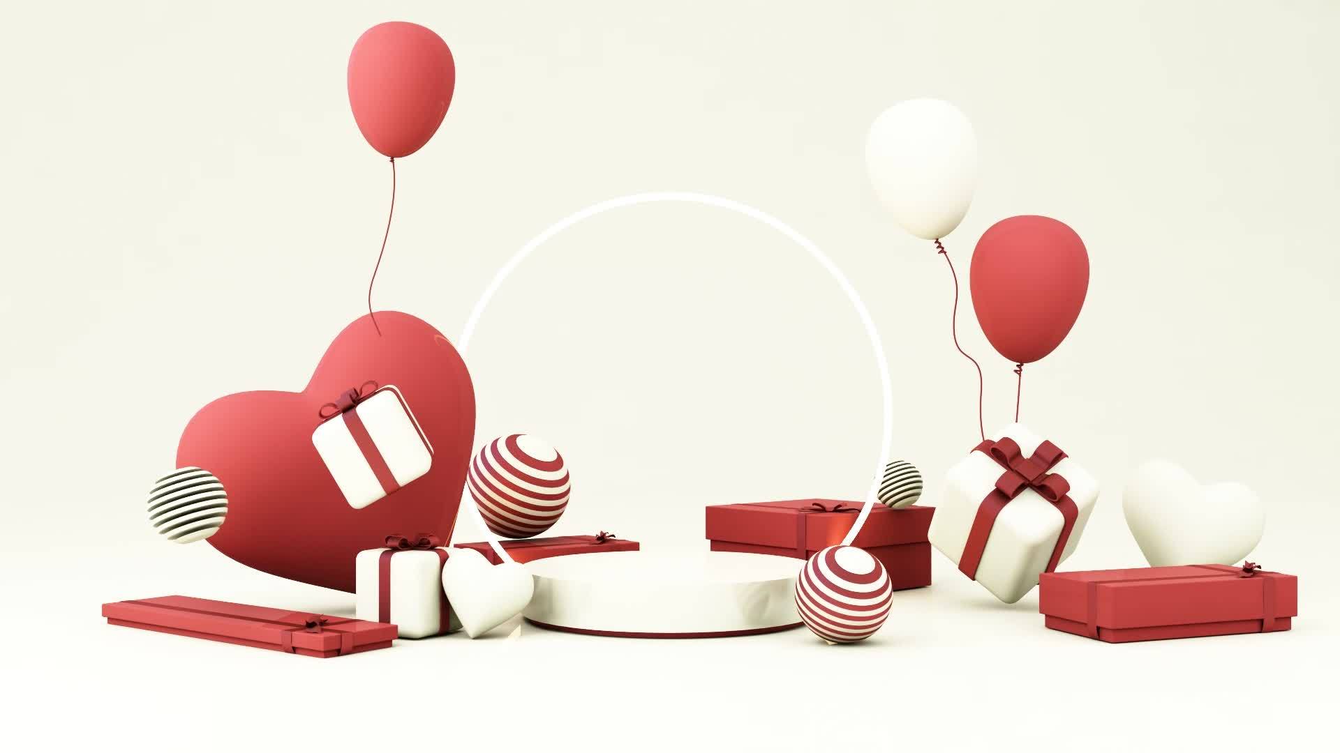 Romantic creative composition. Happy Valentine s Day. Realistic festive  decorative objects, heart shaped balloons and love falling gift box gold.  Holiday banner and poster. 3d render animation loop 12069631 Stock Video at