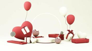 Romantic creative composition. Happy Valentine s Day. Realistic festive decorative objects, heart shaped balloons and love falling gift box gold. Holiday banner and poster. 3d render animation loop video