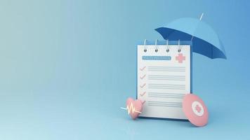 health insurance form surrounded by shields Heart shapes and rates and umbrellas and pills. first aid box on pastel blue and pink background 3d render animation looped video