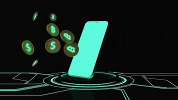 digital currency gold coin and mobile phone on display sticks with hidden lights illuminated on a digital background with glow from the ground and stock chart in the back. 3d render animation looped video