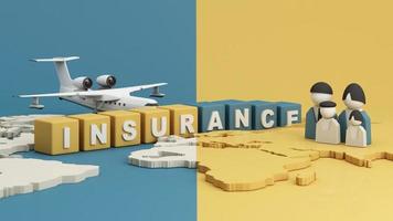 The letter Insurance glows on the cube, blue and yellow. Placed on the world map and model family cartoon characters and planes in the concept of travel insurance, travel and protection. 3d render video