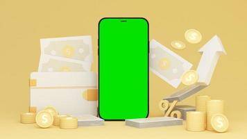 a phone green screen with wallet and higher interest rates on deposits and digital money in the concept of financial stability and growth and an empty space on a yellow background realistic 3d render video