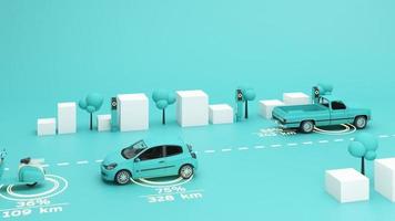 The electric car is refueling through the charger and shows on the phone screen. Indicates charging status and has scooter and pickup truck on the side. on a green turquoise background 3d rendering video