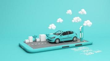 The electric car is refueling through the charger and shows on the phone screen. Indicates charging status and has scooter and pickup truck on the side. on a green turquoise background 3d rendering video