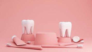 carrinho de pódio com dentes brancos, escova de dentes e tubo de creme dental para apresentação do produto isolado no fundo rosa, no conceito de saúde bucal e atendimento odontológico e higiene bucal. renderização em 3D video