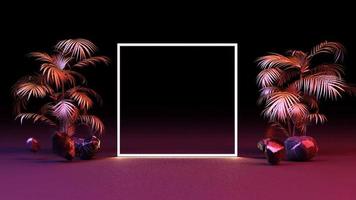 brilho brilhante de formas geométricas, fundo neon cyberpunk com renderização 3d de folhas tropicais video