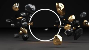 Representación 3d de pedestal de mármol negro aislado en fondo negro, roca de forma libre de oro redondo, concepto mínimo abstracto, espacio en blanco, diseño limpio, maqueta minimalista de lujo, bucle de crecimiento de marco de iluminación video