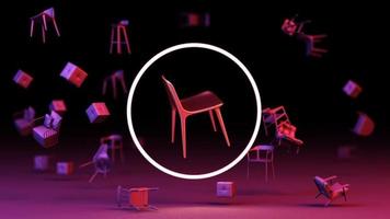 un montón de sillas y mesa baja textura de madera con tela en color de fondo y forma geométrica composición abstracta 3d renderizado animación en bucle video