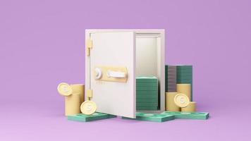 business investment profit concept and money saving, wealth about money and financial planning with Bundle of money, banknote and gold coins in safe box purple background. realistic 3d render video
