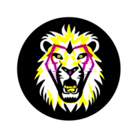 logotipo de cabeza de leones coloridos, pegatina de cara de leones, estilo de arte pop moderno, fondo negro oscuro. png