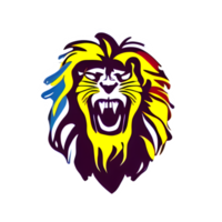 logo de tête de lions colorés, autocollant de visage de lions, style pop art moderne, fond noir foncé. png