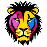 logotipo de cabeza de leones coloridos, pegatina de cara de leones, estilo de arte pop moderno, fondo negro oscuro. png