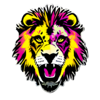 colorato leoni testa logo, leoni viso etichetta, moderno pop arte stile, buio nero sfondo. png